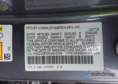 2019 Honda Accord Sport 2.0T из США, поврежденный, VIN 1HGCV2F31KA012104